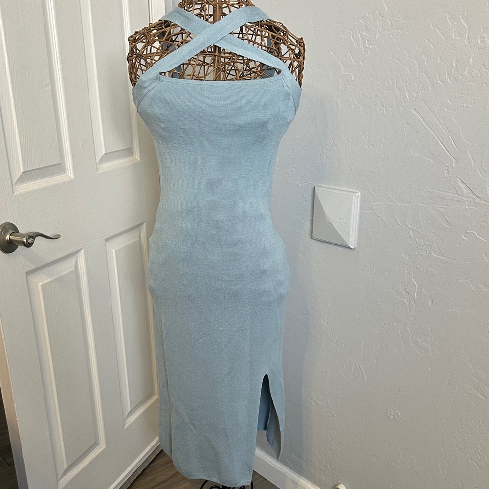 Beautiful Knit Light Blue Cross Front or Back Sleeveless Dress. Size Small.